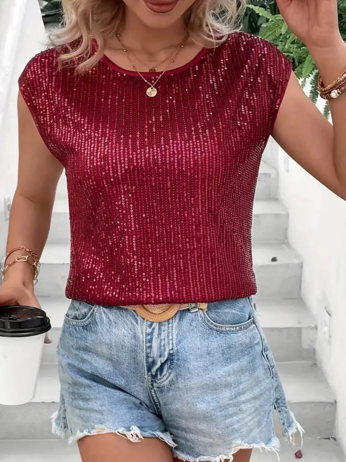 Loose Fitting Round Neck Sleeveless Top, Sequin T-shirt, Casual Fashion, Party, European and American Style, New