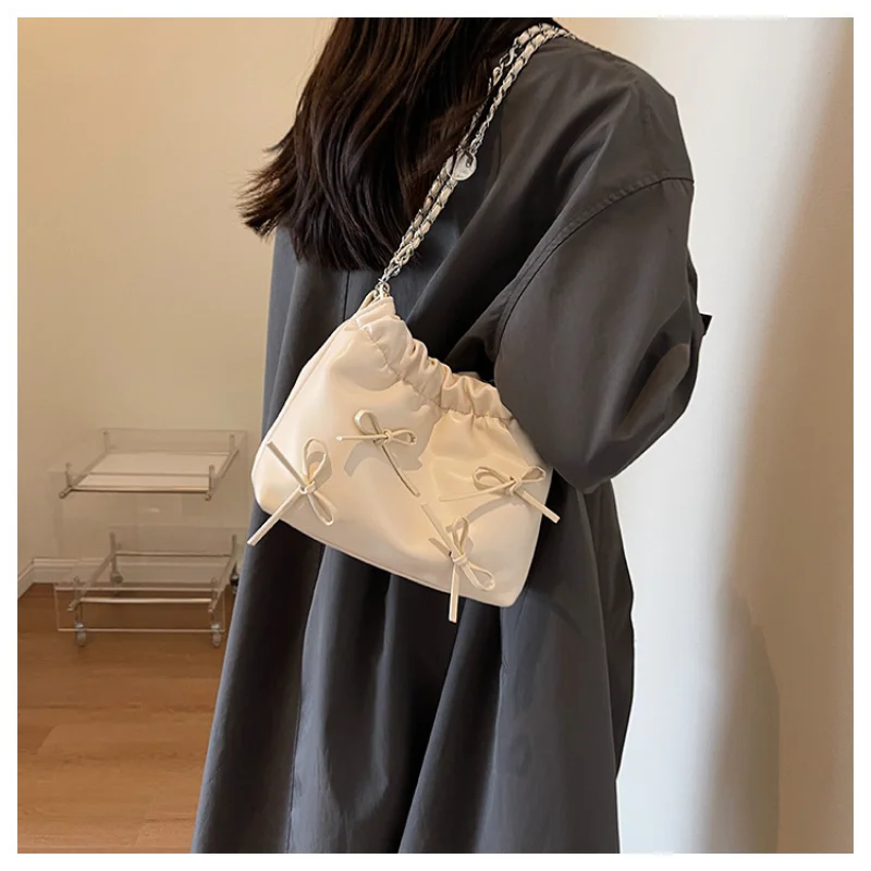 Women New Fashion Shoulder Bags Fold Design Chain Bag Silver Korean Style Trend Bow Lady High Quality Crossbody Bags Bucke Bags