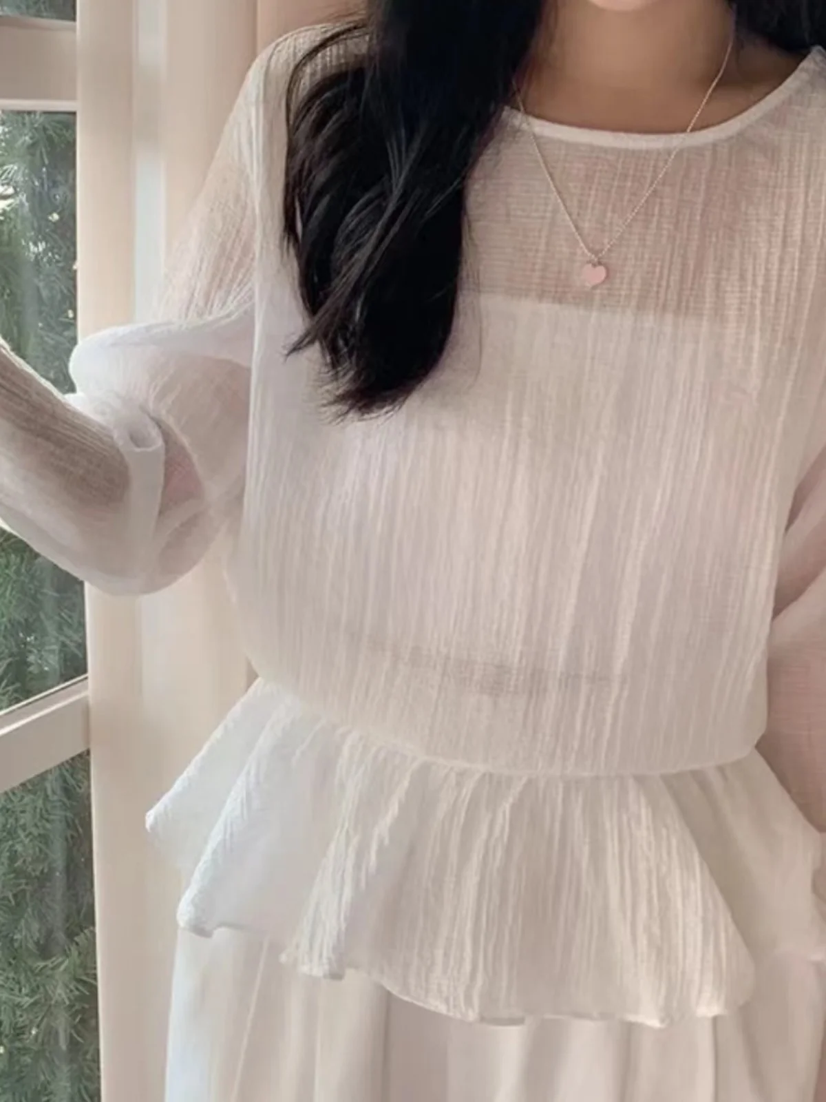 

Korean Sle Aosphere Sense See tough Chiffon Top Women's Spring Elegance Small ence Overlap Lace Trim Belted Waist Top