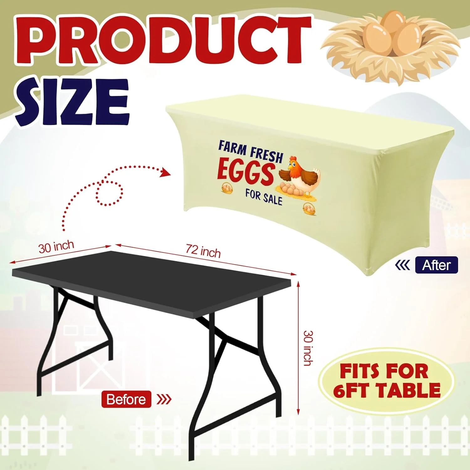 Farm Fresh EggsTablecloth Stretch Spandex Table Cloth Cover Rectangle Table Decor for Farmers Market Chicken Coop Small Business