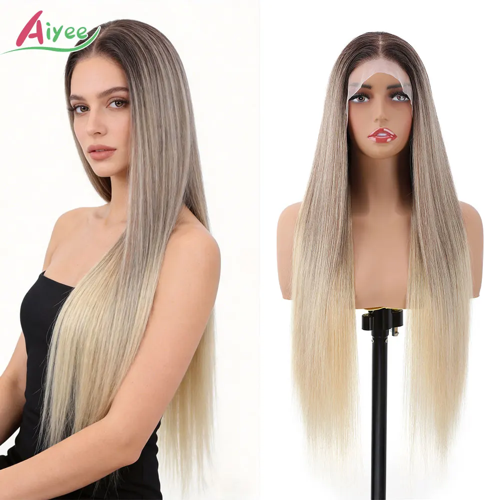 

AIYEE 30 Inch Straight Lace Front Wig 13x4 Synthetic Hair Natural Looking Cosplay Hairpiece For Women Brown With Gold Balayage