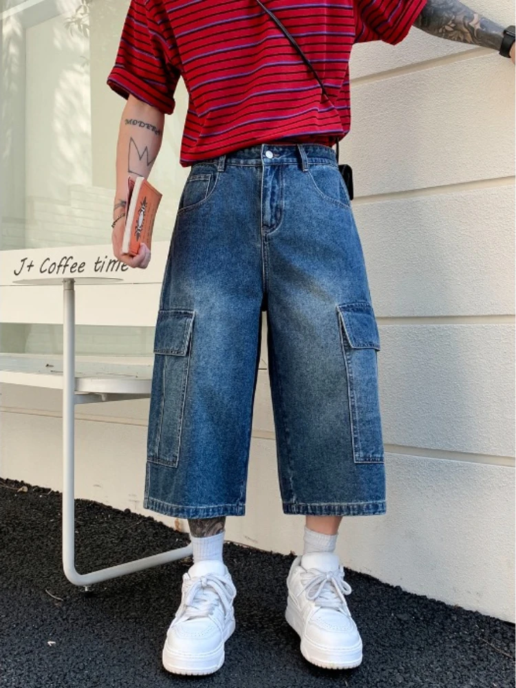 Men Retro American Cargo Jeans Shorts Washed Gradient Loose Wide Leg 3/4 Length Summer Fashion Multi-Pocket Street Capri Pants