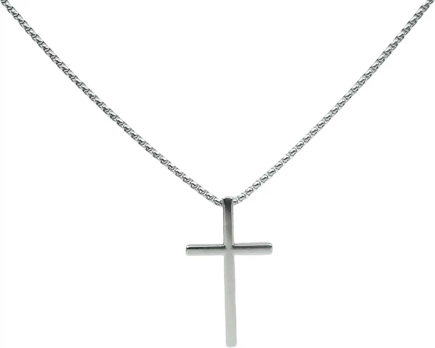 Cross Necklace for Men, Silver Stainless Steel Plain Cross Pendant Necklace for Men Box Chain24 Inch