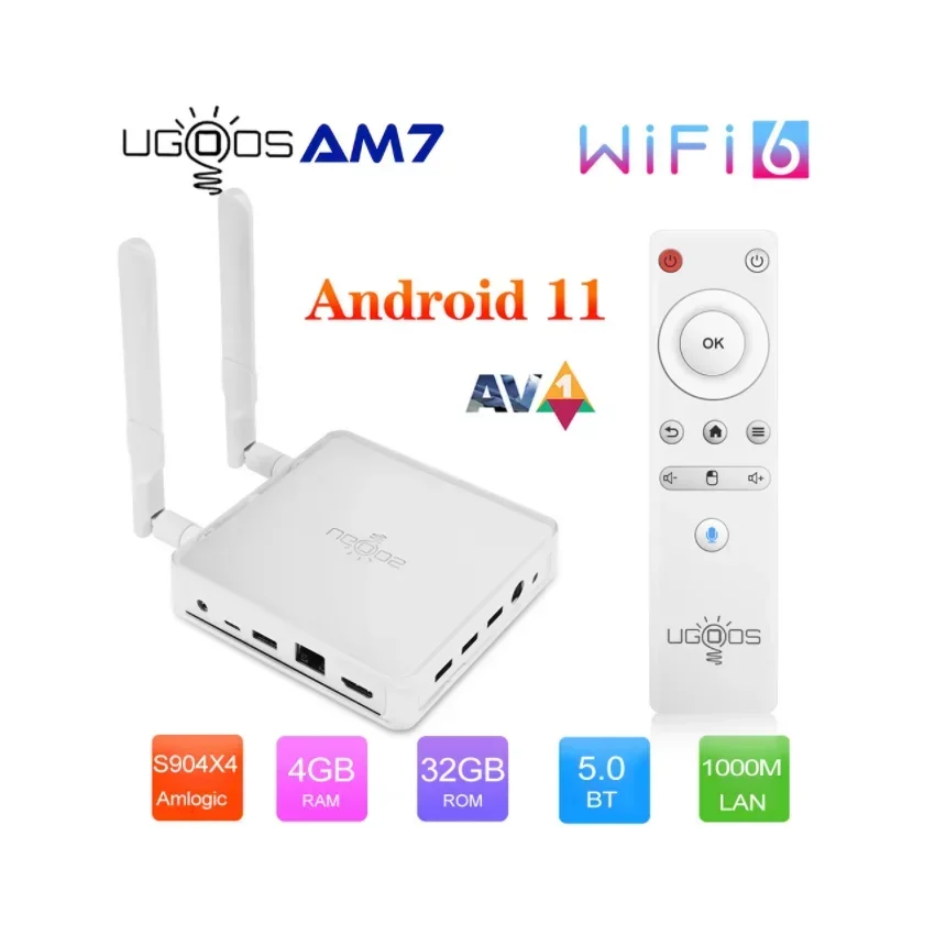 UGOOS-Caixa de TV Amlogic S905X4 inteligente Android 11, Amlogic, AM7, 4GB de RAM, ROM 32GB, WiFi 6, LAN 1000M, BT 5, 4K HD, pronto para envio