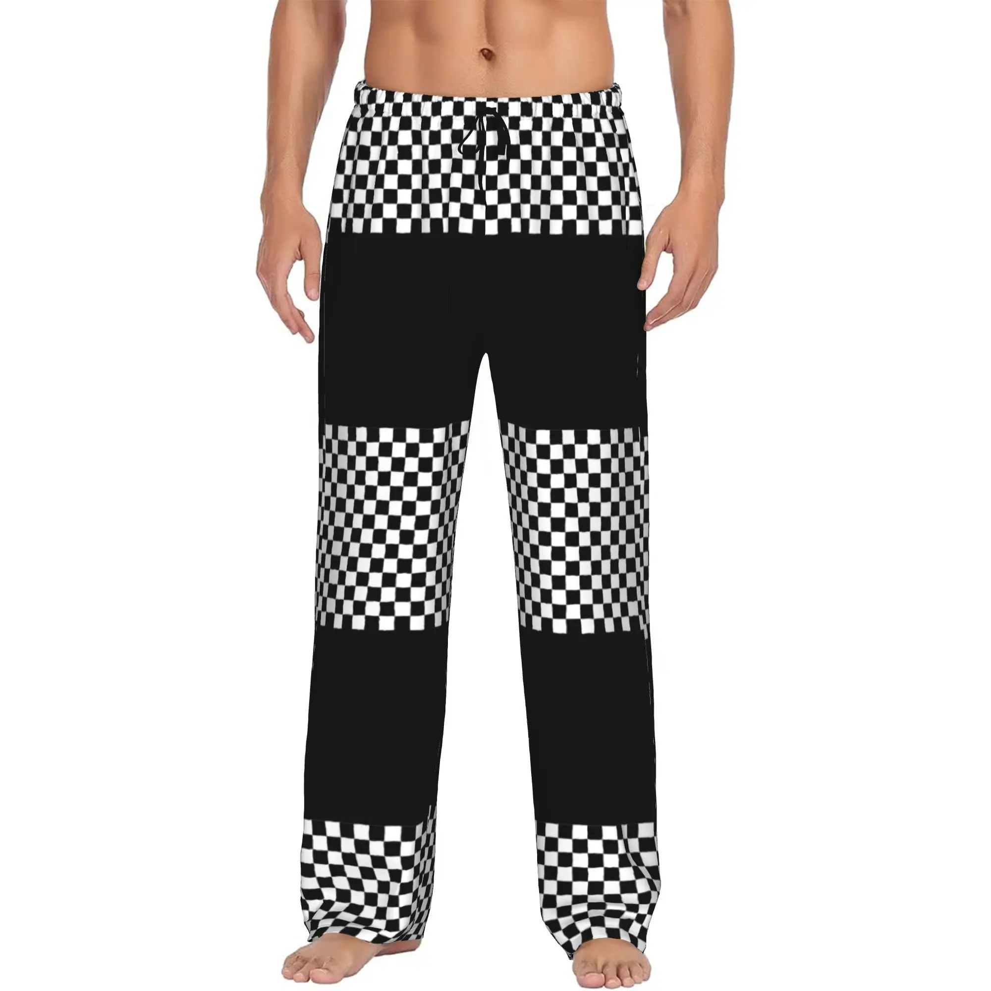 Custom Black And White Checkered Pajama Pants Men's Checkerboard Pattern Sleepwear Lounge Sleep Bottoms Stretch with Pockets