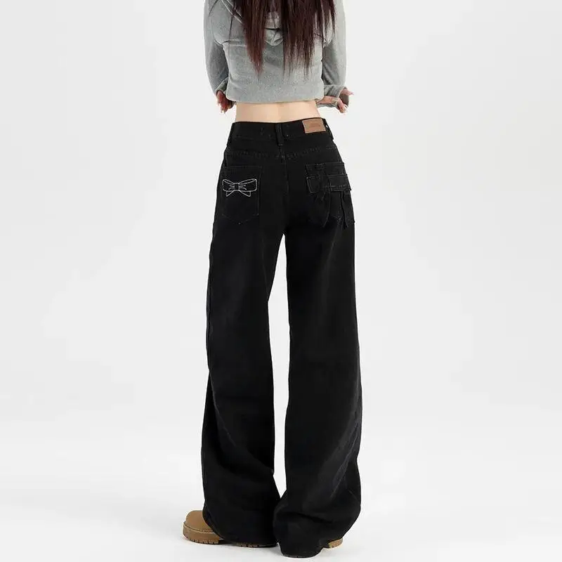 Damskie jeansy z szerokimi nogawkami, małe rozmiary, czarne, wąskie, nowe, na wiosnę, jesień i zimę, spodnie do ziemi, retro, luźne, koreańskie, proste.
