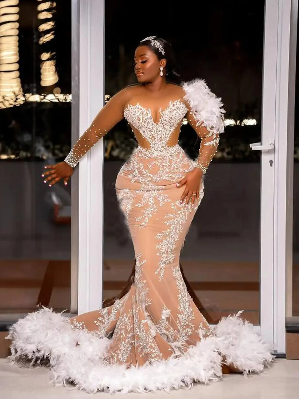 Aso EBI ชุดราตรีนางเงือกขนนกสีขาวสไตล์แอฟริกันเสื้อผ้าสำหรับงานปาร์ตี้แบบทางการของผู้หญิงเสื้อคลุมงานพรอมลูกไม้ลายภาพลวงตาตามสั่ง