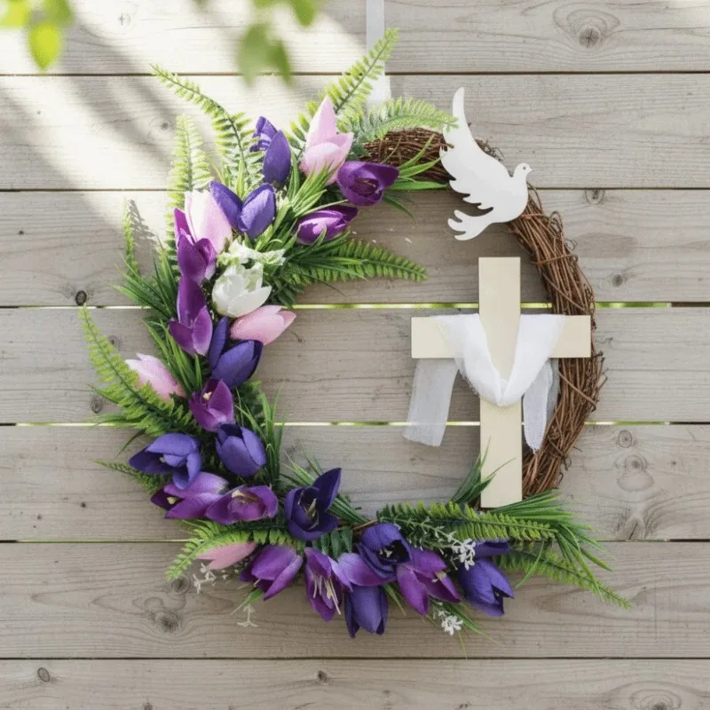 

Easter Tulip Faux Flowers Cross Wreath Handmade Artificial Rattan Ring Garland Colorful Design Front Gate Wreath Kids Gifts