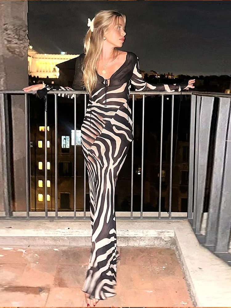 Kliou Patchwork superbe femmes Robe Maxi Sexy chaud transparent col bas manches longues droite moulante femme populaire fête longue Robe