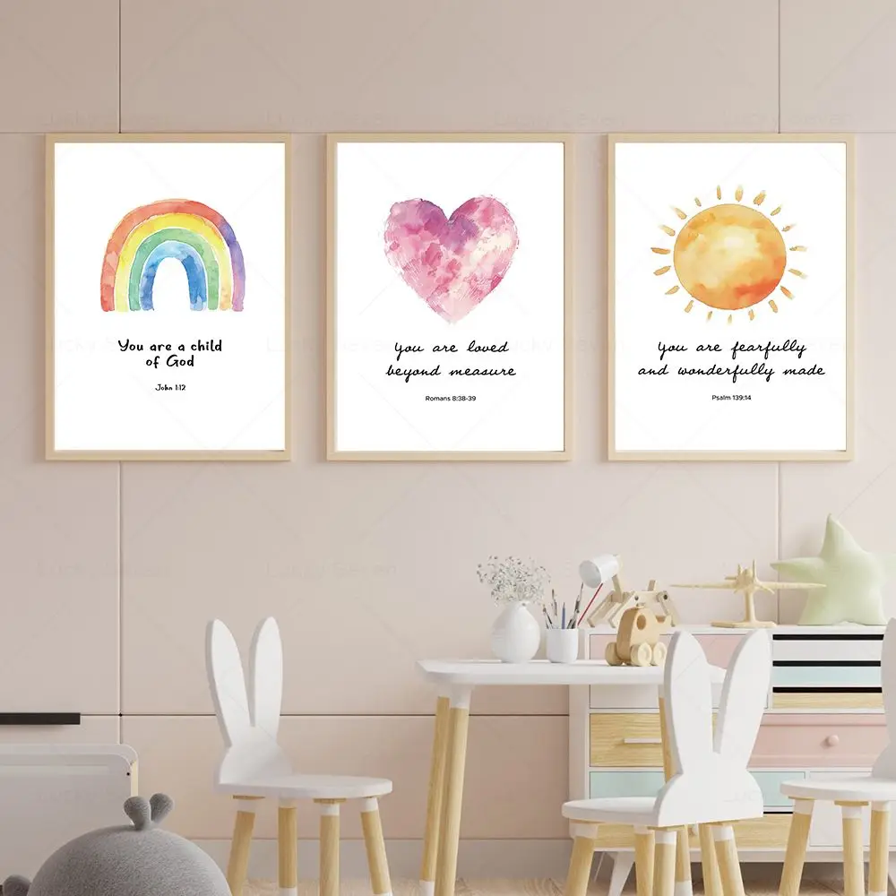 Bible Verse Poster Psalm John Romans Christian Nursery Jesus Child of God Wall Art Canvas Prints Sun Rainbow Kids Bedroom Decor