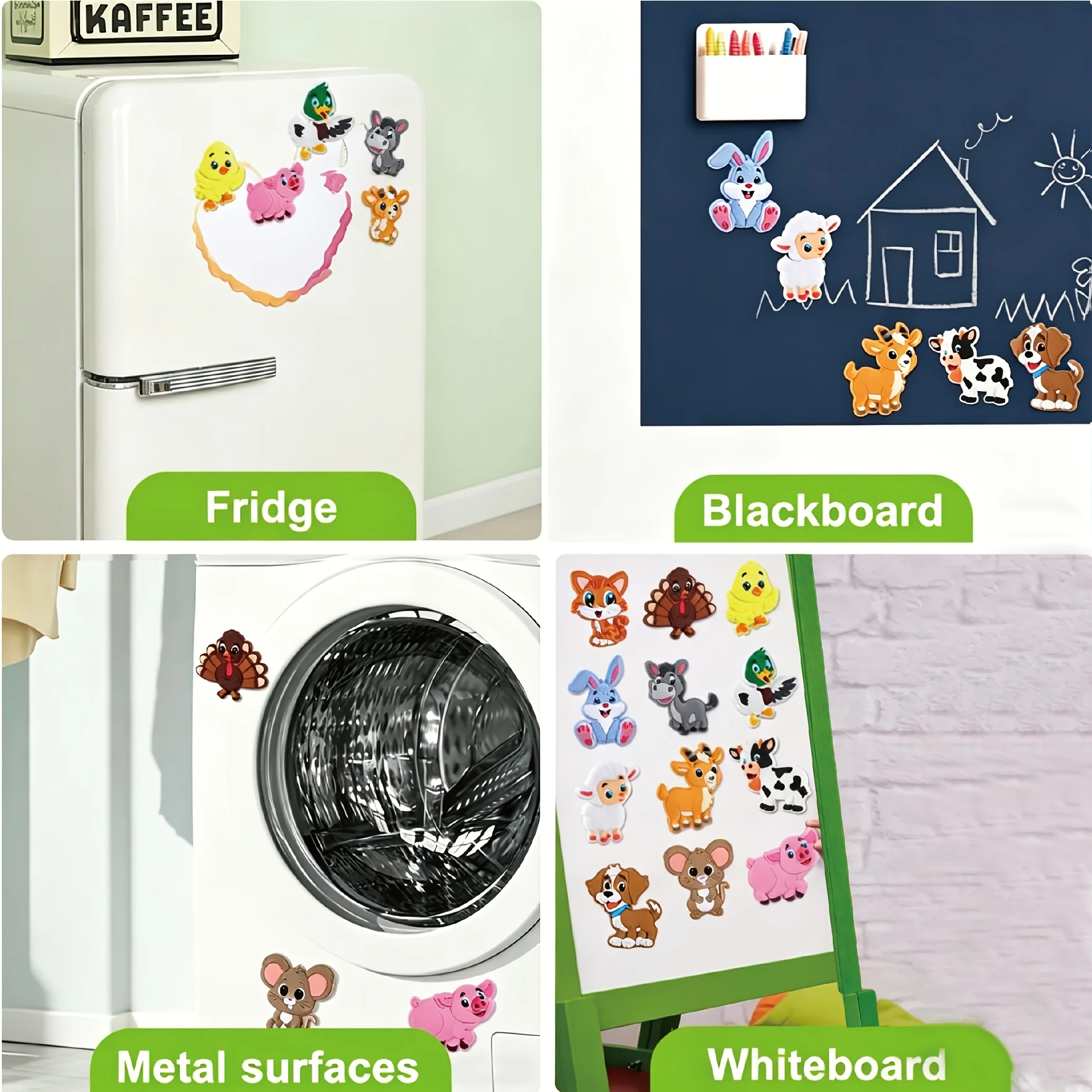 2D Flat 12PCS Cartoon Cute Farm Animals Refrigerator Decorative Magnetic Tiles Set, Home Decoration Magnetic Tiles