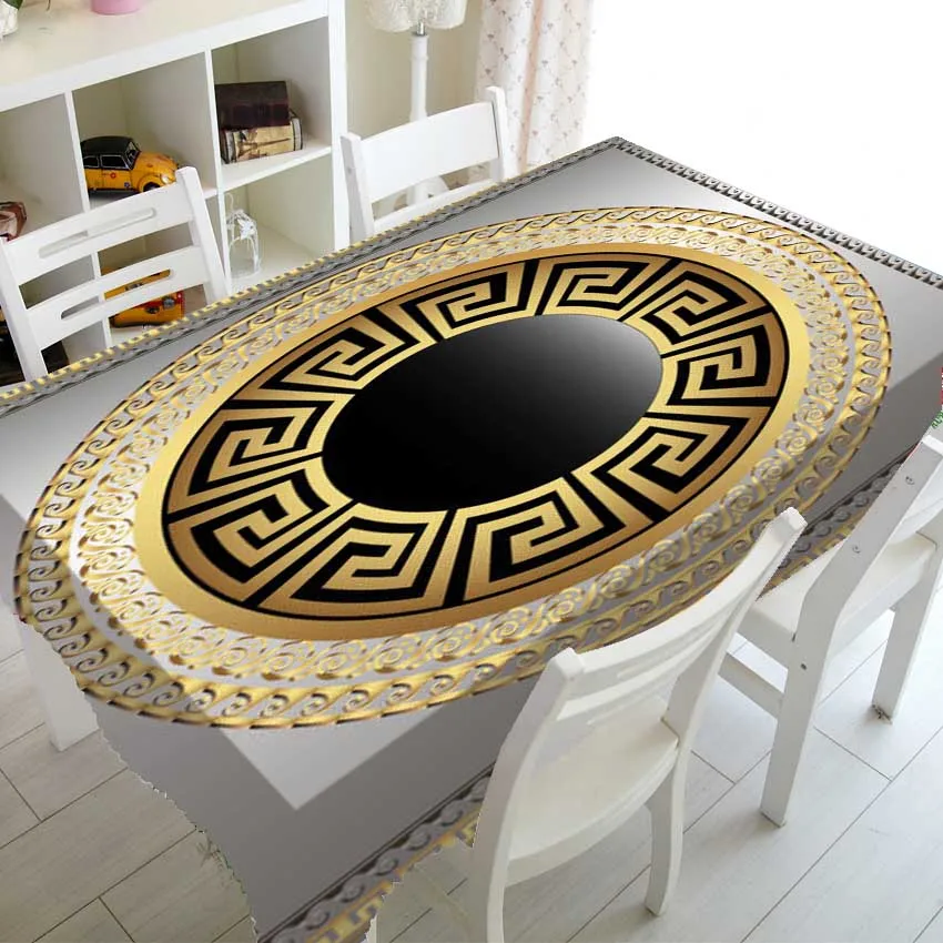 Luxury Black Gold Greece Geometric Rectangle Printed Rectangular Tablecloth For Table And Decoration Waterproof Tableclot