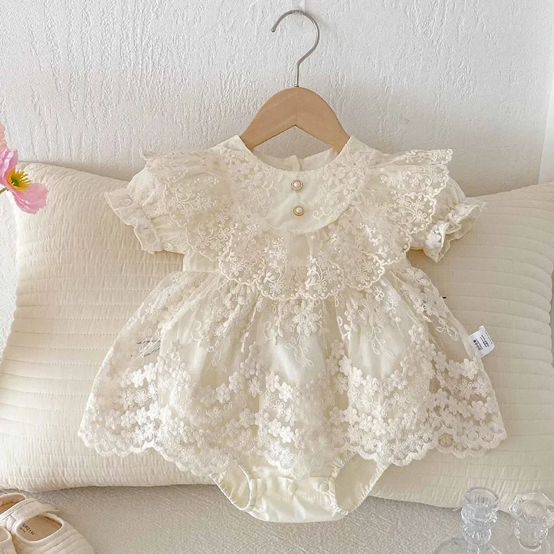 2025 New Summer Newborn Baby Girls Romper Short Sleeved Cotton Mesh Splicing Toddler Baby Jumpsuit 0-24M Children Clothes