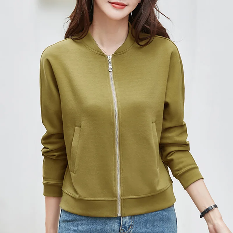 

Spring Autumn Women's Round Neck Solid Zipper Pocket Lantern Long Sleeve Cardigan Coats Loose Office Lady Fashion Casual Tops