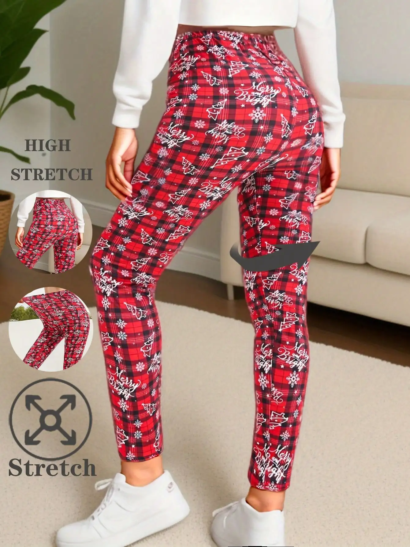 Christmas Snowflake Fashion Tight Fitting Women's Plaid Leggings Brushed Printed Fitness Outerwear Casual Sports Pencil Pants