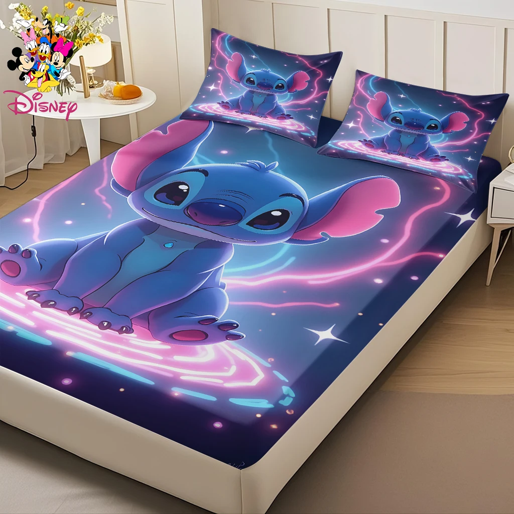 2/3pcs Disney Cyber Neon Stitch Fitted Sheet Set Digital Print Comfortable Cute Soft Comfortable Cute Soft
