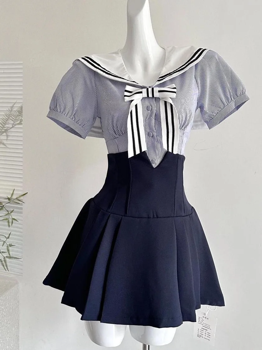 에이멍링 칼리지 슬레 세트 여름 JK 스타일 세일러 하이웨이스트 네이비 칼라 셔츠와 스커트 패셔너블 여성복...