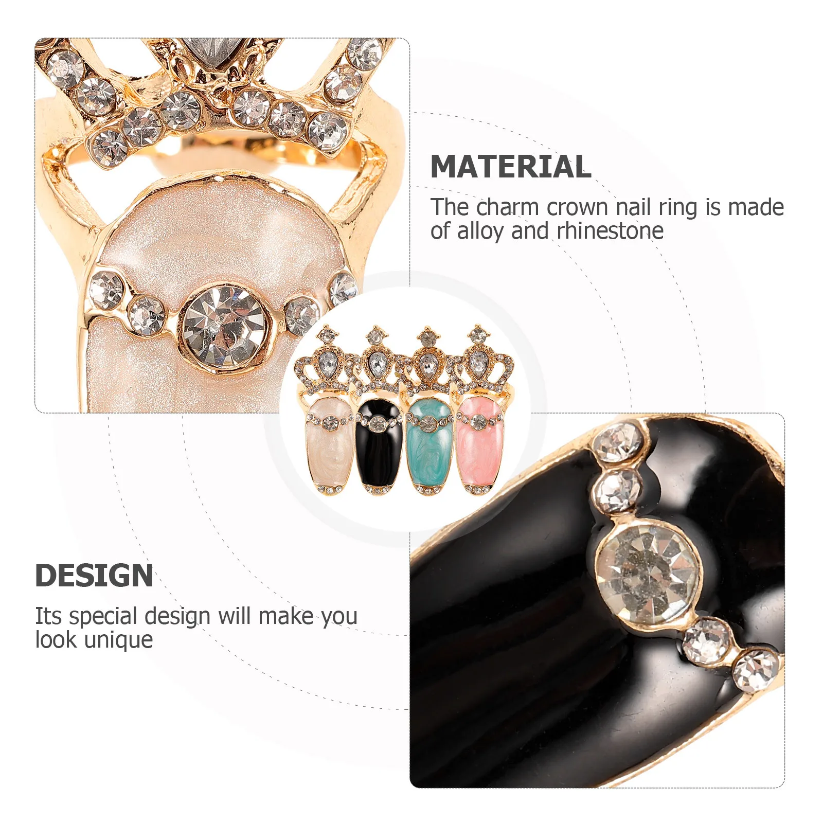 

4pcs Nail Art Tail Ring Set White Blue Crown Rings for Women Rhinestone Alloy Party Banquet Nail Decoration