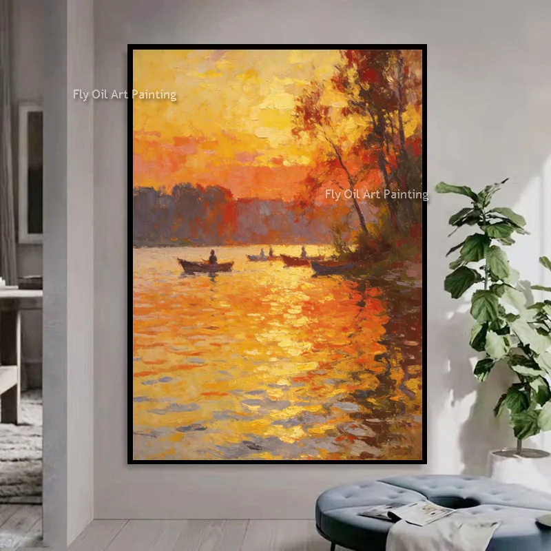 Orange Yellow Lake Beautiful Sunset Canvas Oil Painting People Rowing The Boats Artwork Decor Handpainted Green Landscape Wall D