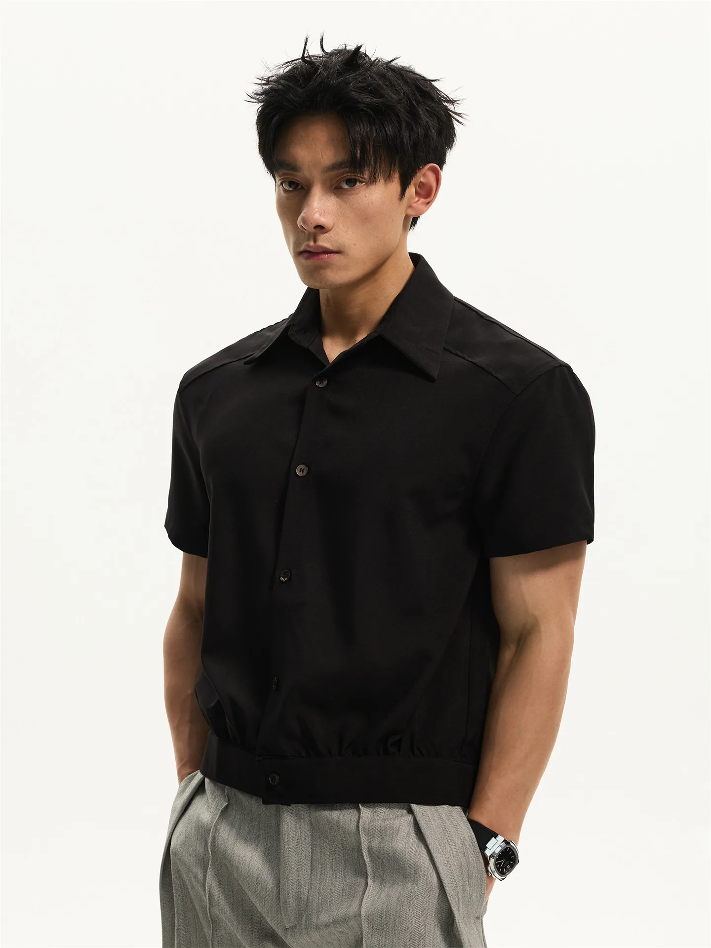 

Commute Cool Short Sleeve Shirt Men Summer Pure Color Button down Drapey Collarless Outerwear Breathable Lightweight Mens Shirt