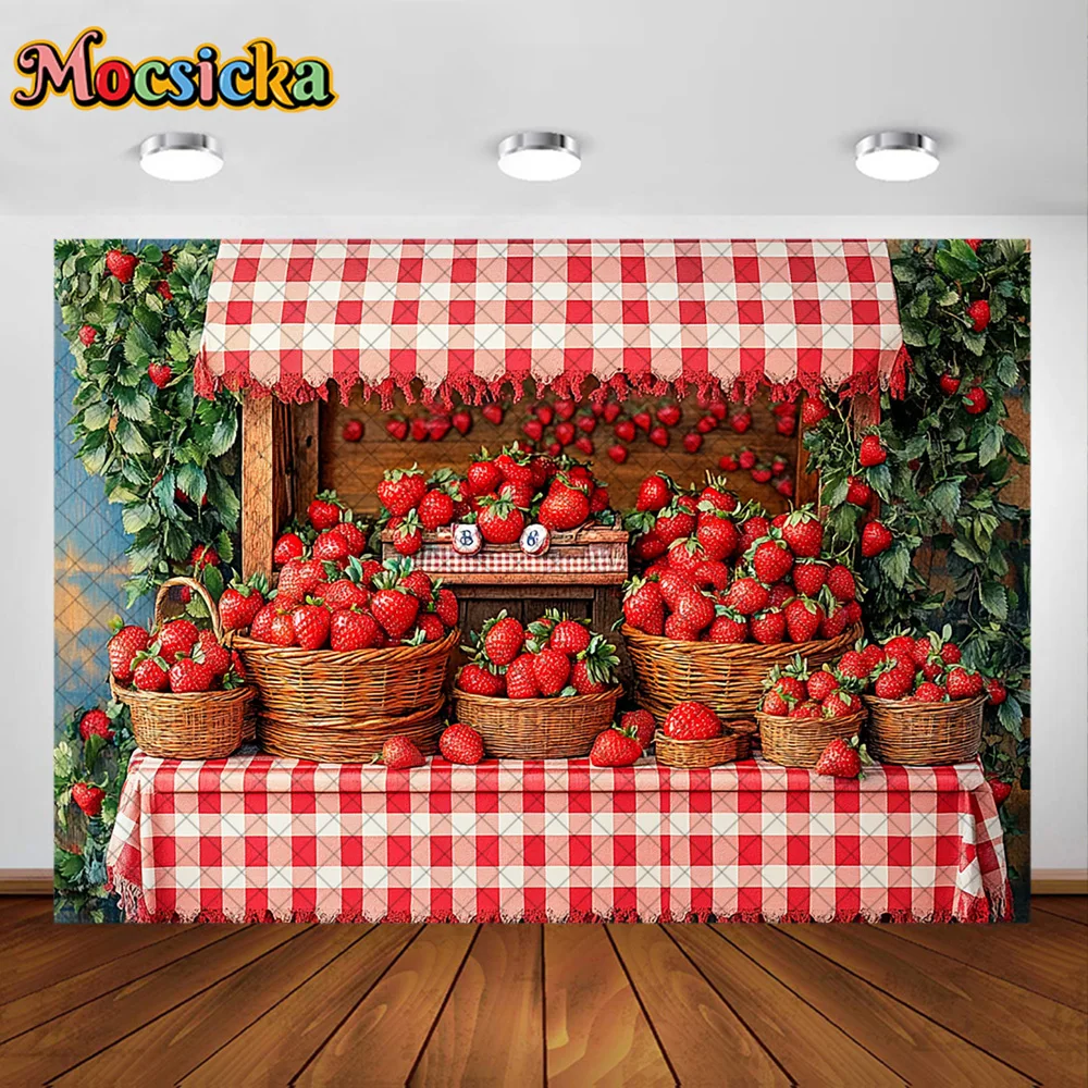 Mocsicka fotografia fundo vermelho morango loja cesta de flores decoração pano de fundo chá de bebê recém-nascido primeiro aniversário baile