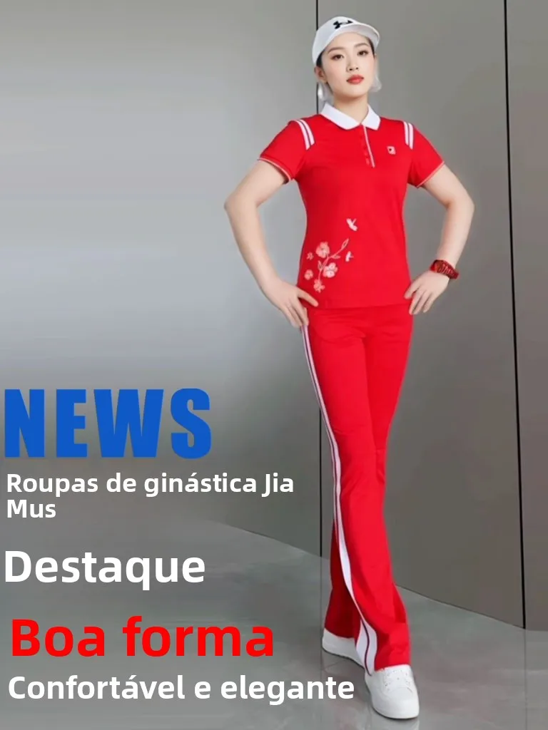 red-fitness-outdoor-sports-wear-thin-summer-square-dance-uniform-short-sleeve-high-waist-long-pants-women's-sportswear