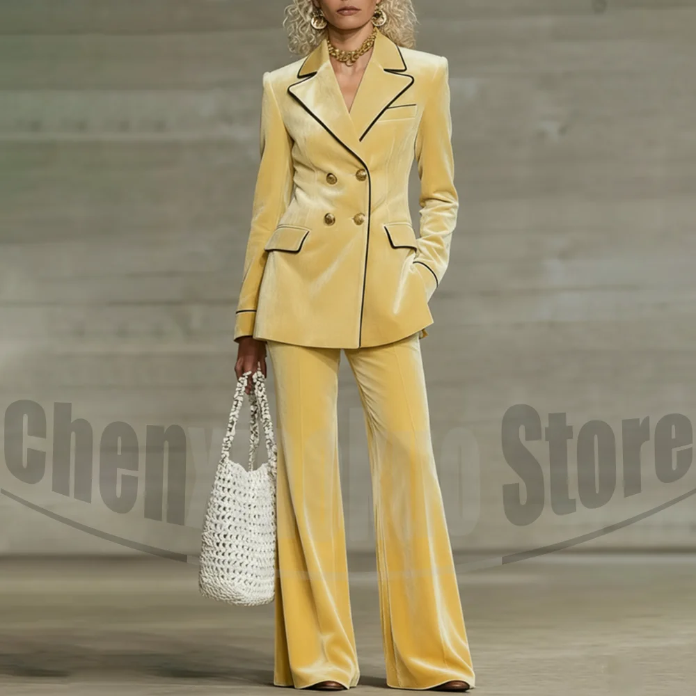 

Women's Velvet Double Breasted Suit with Black Trim Fashion Peak Lapel Wedding Party Prom Formal Slim Pants Sets Two Piece