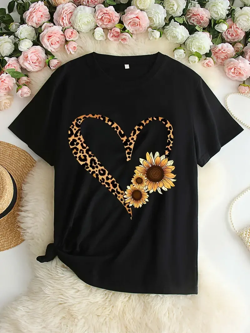 Plus Size nadruk w kształcie serca t-shirt na co dzień wycięcie pod szyją krótki rękaw t-shirt damski odzież Plus Size