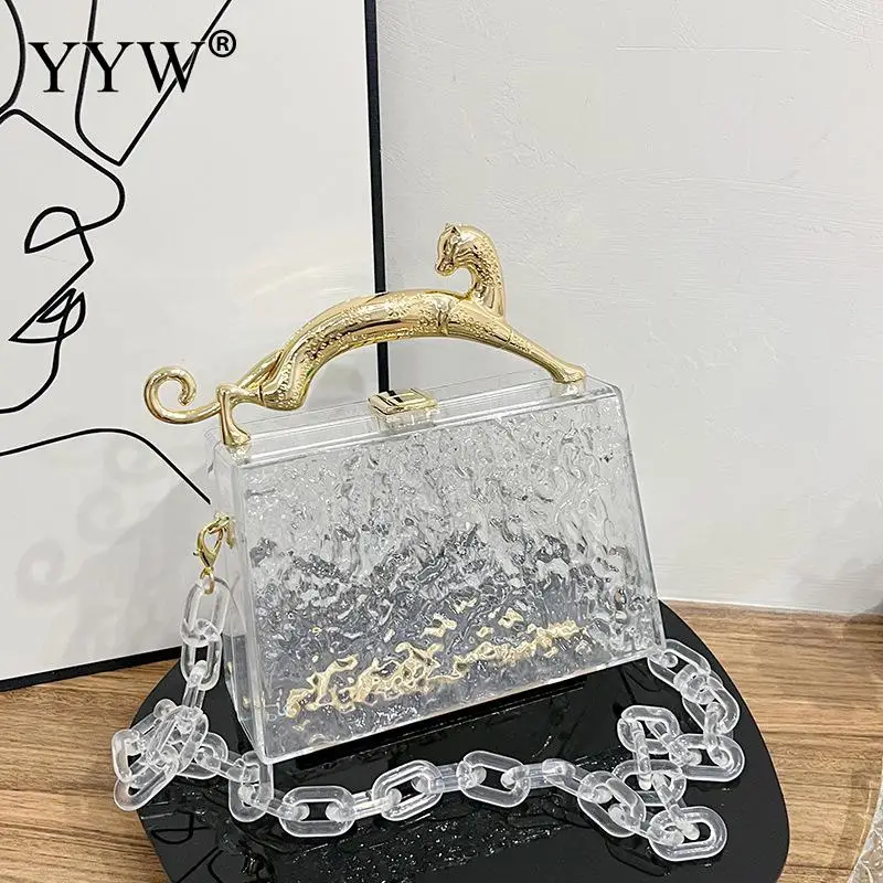 New Acrylic Box Handbags Transparent Women Fashion DesignerLeopard Short Handle Luxury Evening Party Bags Chain Crossbody Bag
