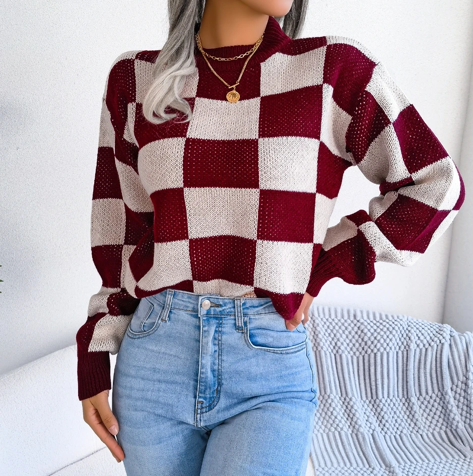 Casual contrasting polka dot checkered lantern sleeve sweater