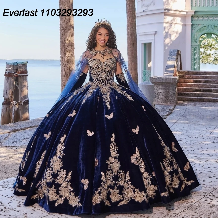 Evlast Marineblauwe Quinceanera Jurk Baljurk Goud Vlinder 3d Bloemen Applique Met Cape Sweet 16 Vestido 15 De Xv Años Tqd189