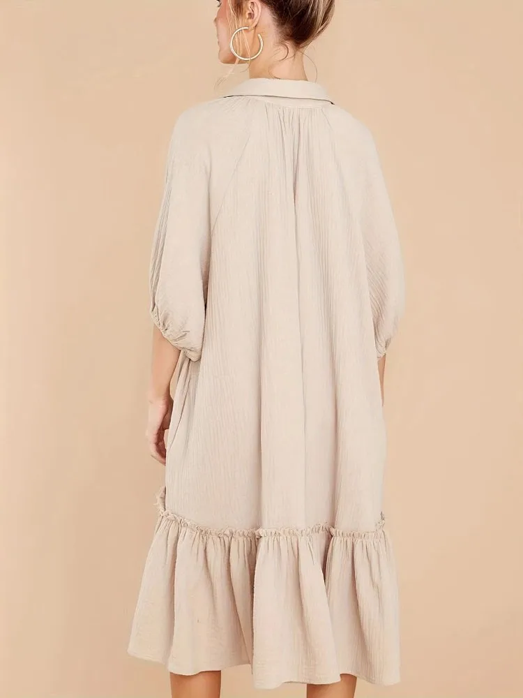 Nieuwe zomerjurk met overhemdkraag, enkele rij knopen, bubbelmouwen, eenvoudige en casual elegante damesjurk met korte mouwen