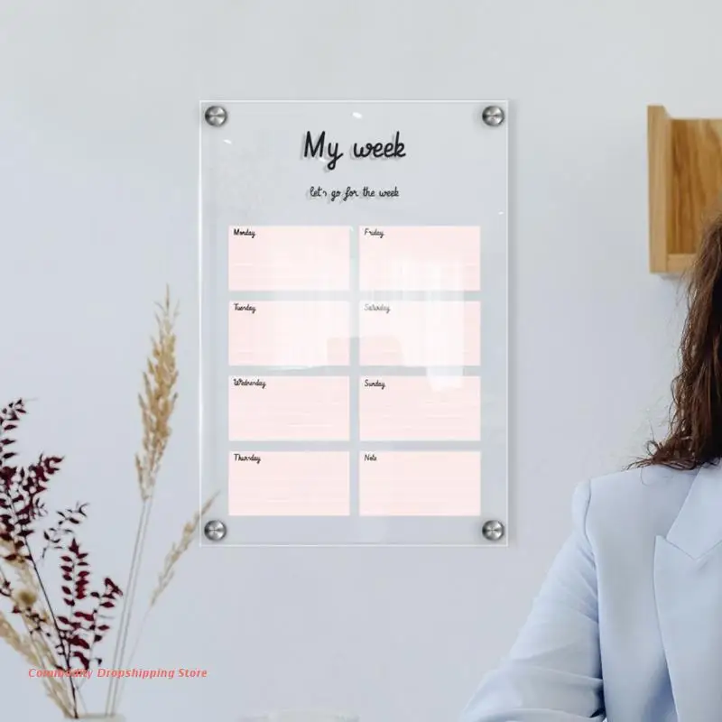 Erasable Family Schedule Planner, Acrylic Calendar Board, Wall Mounted, Weekly Whiteboard, Easy to Install