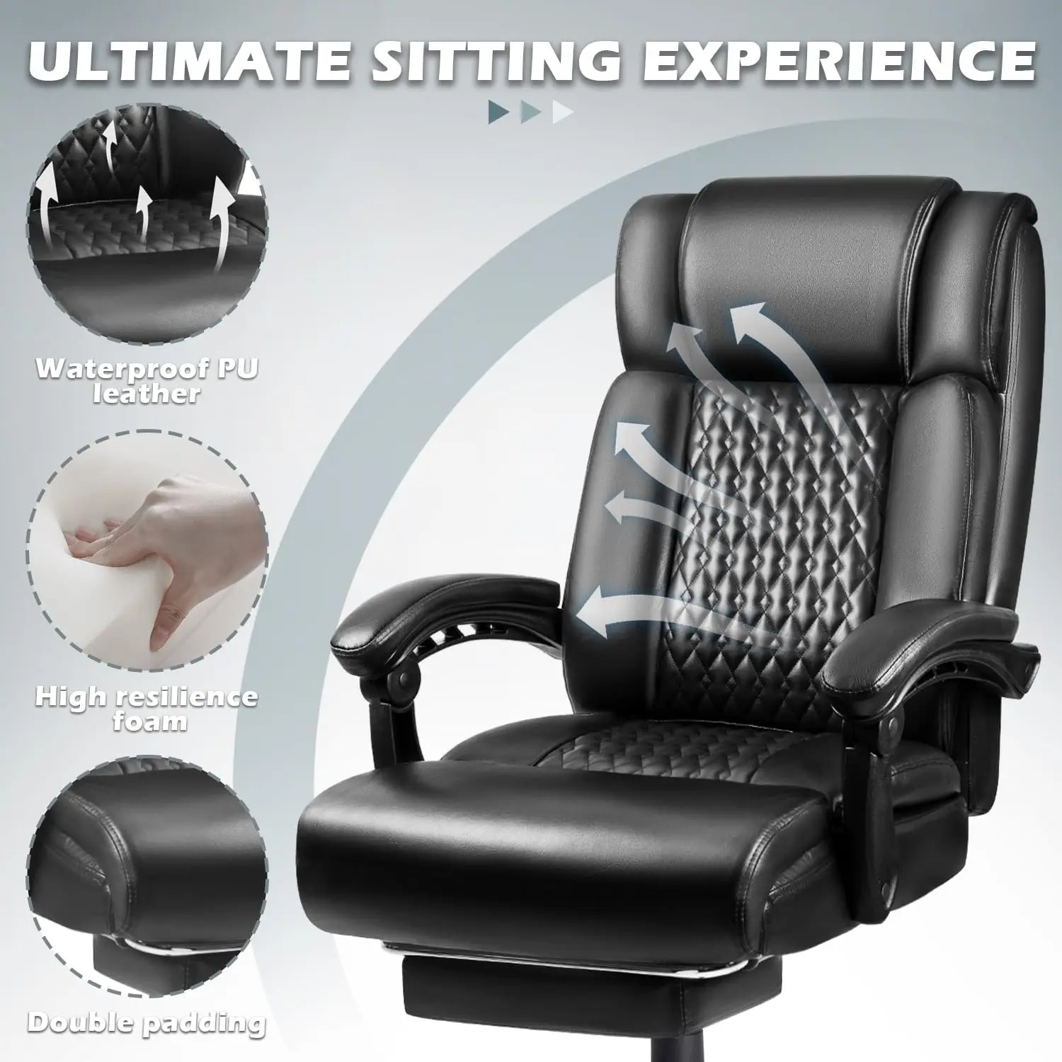 كرسي مكتب تنفيذي كبير وطويل مع مسند للقدمين، 400 رطل، كرسي جلدي مريح باللون الأسود