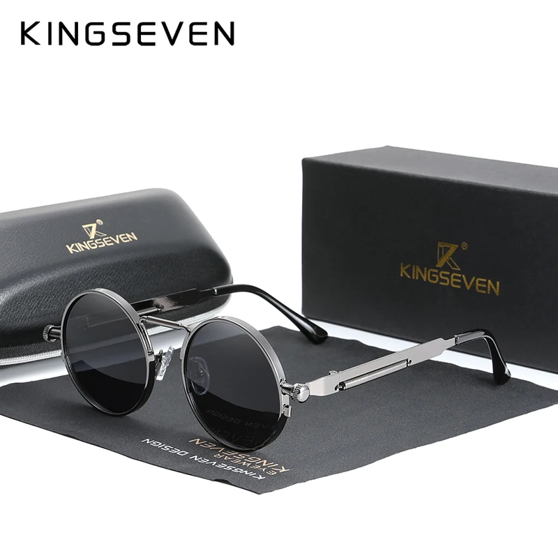 KINGSEVEN wysokiej jakości gotyckie okulary przeciwsłoneczne w stylu steampunk spolaryzowane mężczyźni kobiety marka projektant Vintage okrągłe metalowe oprawki okulary przeciwsłoneczne