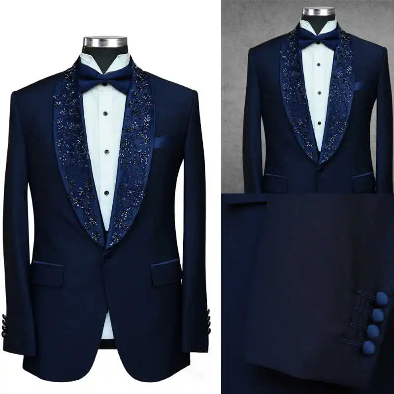 

Luxury Beaded Tuxedos Shawl Lapel One Button Customized Blazer Casual Business Applique Jacket 1 Piece Set