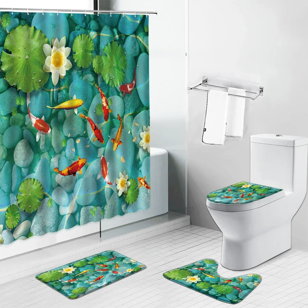 Chinese Style Koi Fish Print Shower Curtain Set Modern Bathroom Decor Screens Flannel Anti-slip Bath Mat Carpet Toilet Cover Rug