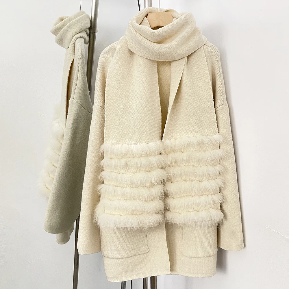 Oftbuy camisola feminina oversize casaco de malha jaqueta de pele de raposa real com pele de malha solta ajuste bolsos roupas femininas cardigan feminino