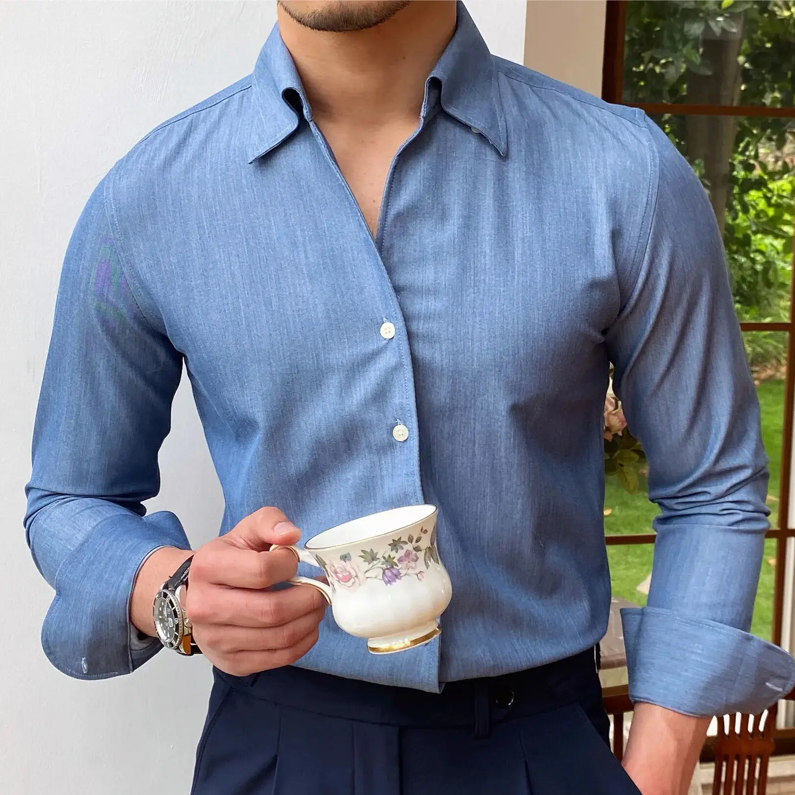 British Style Casual All-match Solid Color Summer Shirt Trendy Denim Blue Business Formal Dress Shirt Long Sleeve Shirt Men