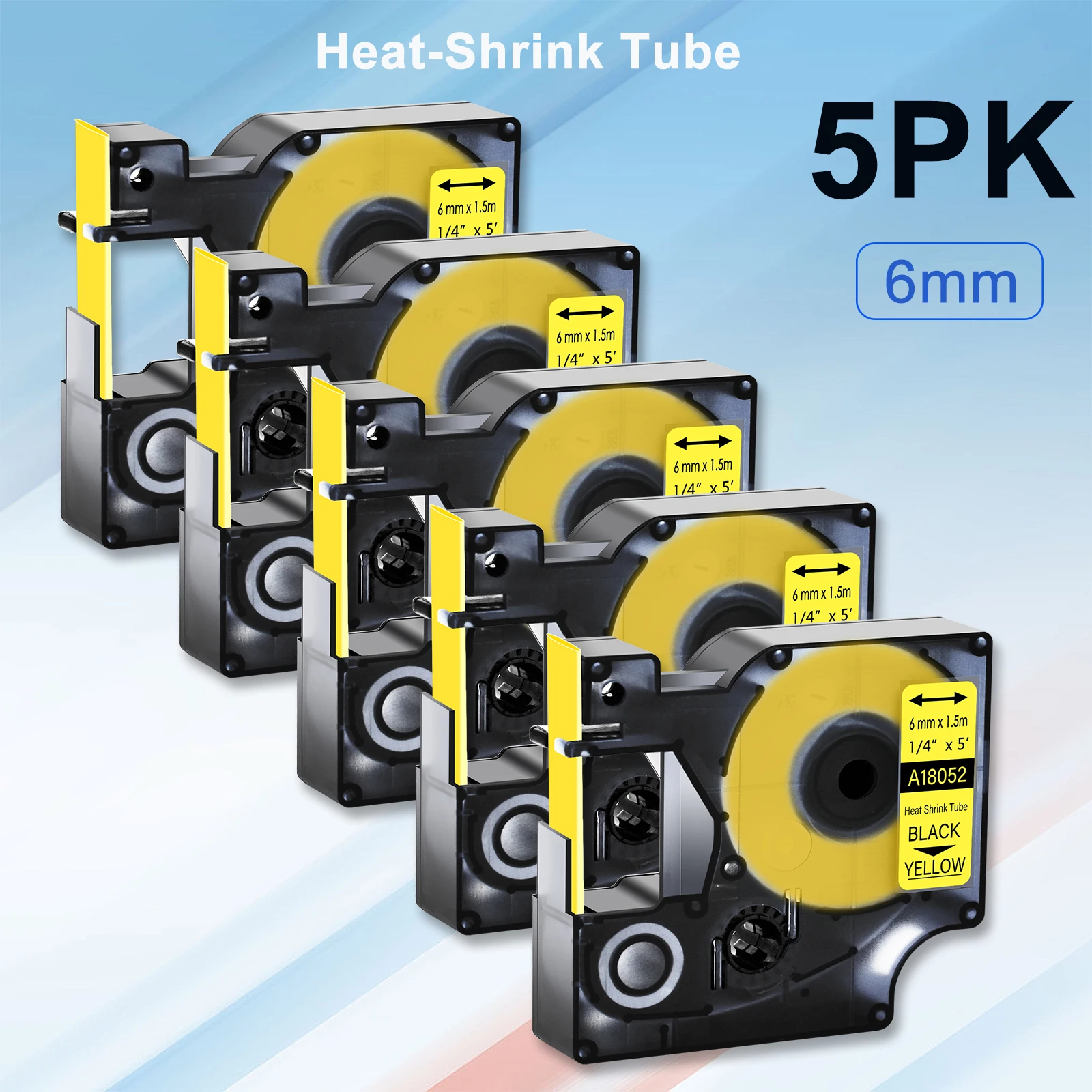 5PK 6mm Black on Yellow Heat-Shrink Tube Industry Label Tape Compatible With Dymo 18051 for Rhino 5000 Rhino 5200 Label Printers