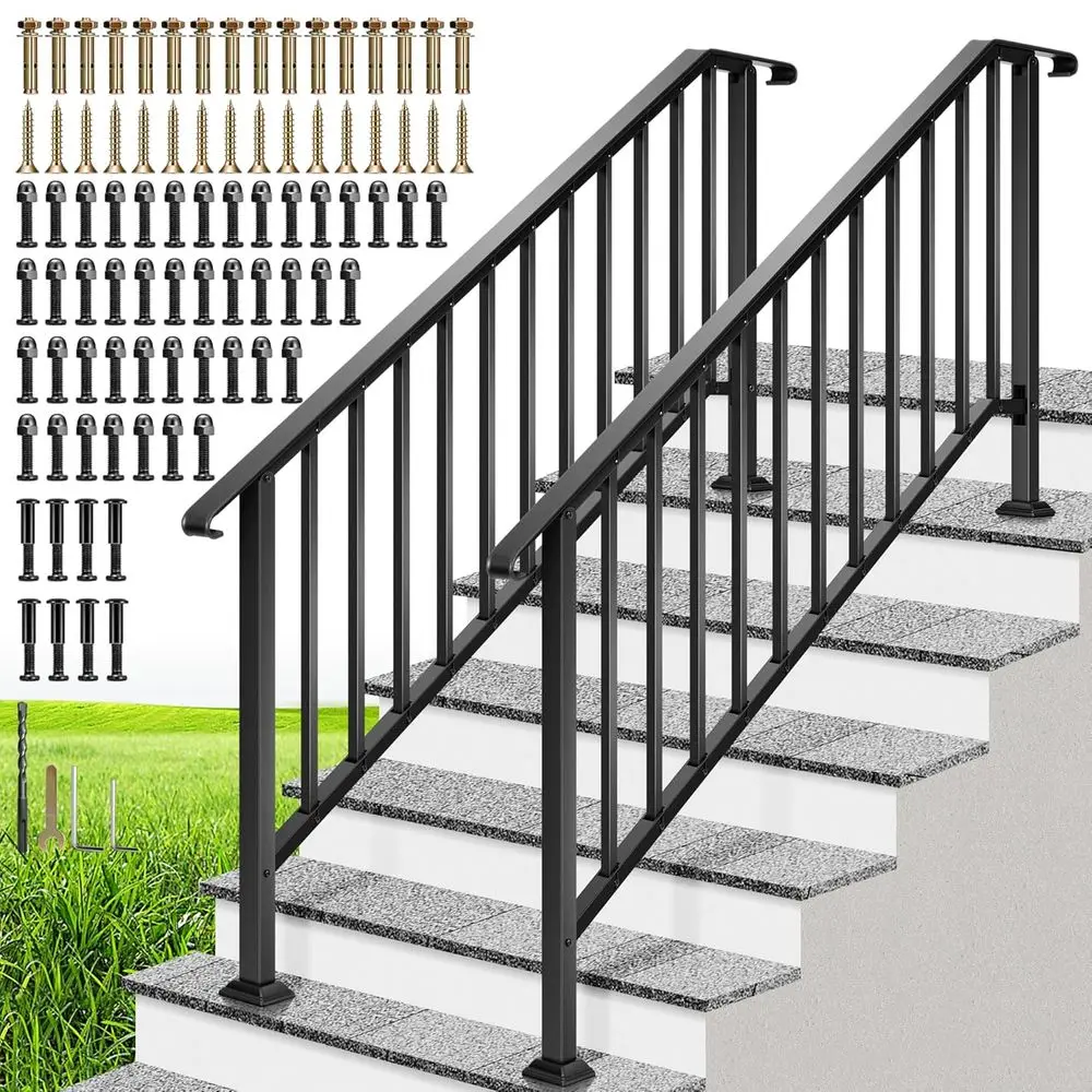 6-Step Galvanized Steel Handrail Kit with Curved Ends and Safety Balusters for Outdoor Steps, Decks, Porches, and Indoor Stairs