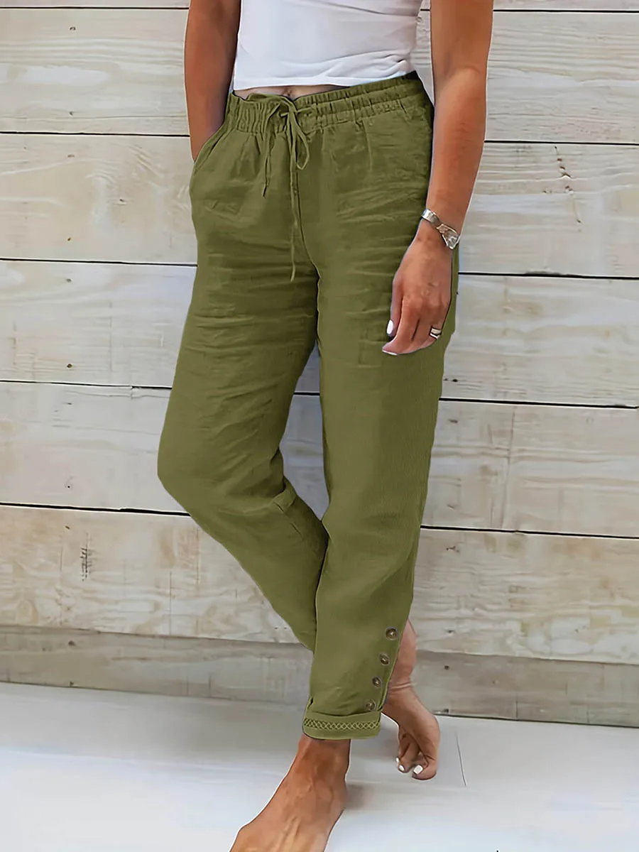 Damen Sommer Freizeithose mit Hoher Taille, Kordelzug, Lockerer Haremshose mit Taschen, Knopfleiste am Saum, Leichte Weiche Streetwear