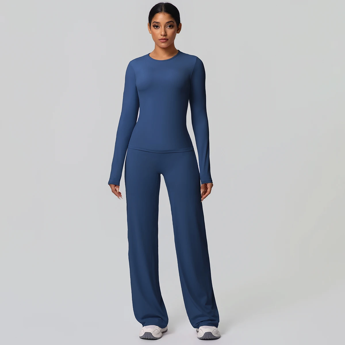 2 stück Frauen Gym Yoga Set Lauf Shirts Schlank Lange Ärmel Workout Top Schnell Trocknend Hohe Stretch Breite Bein Hosen dünne Yoga Set – Detail 18