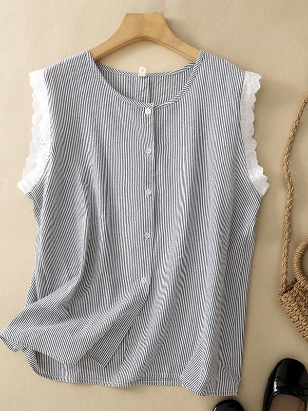 

Retro Korean Japanese Brand Sleeveless Shirt Large Size Stripe Vest Outerwear Lace Trim Shirt Casual Straight Cut Summer
