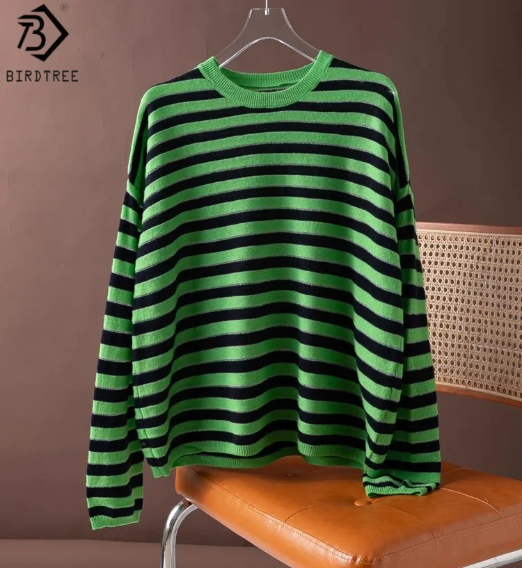 

Birdtree 100% Sheep Wool Sweater,Woman Black Green Stripe O-neck Soft Autumn Long Sleeve Knit Sweater Tops,Commute StyleT58732JF