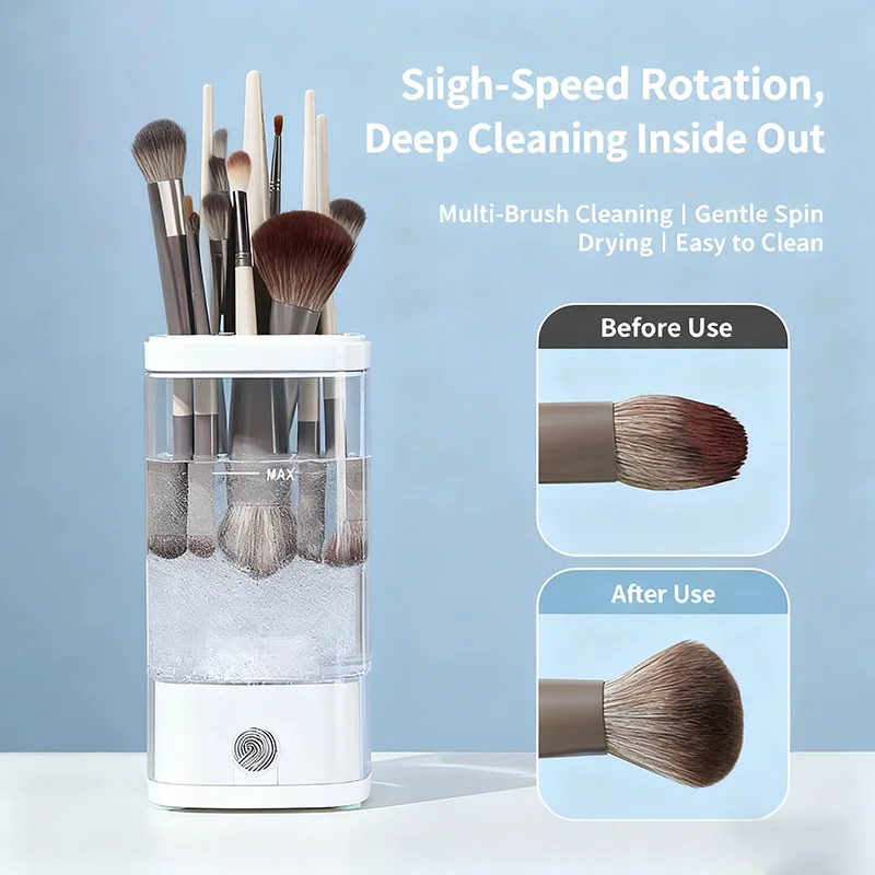 自動メイクブラシ＆スポンジクリーナーマシン、電動化粧パフ洗浄キット（ブラシ収納オーガナイザーボックス付き）