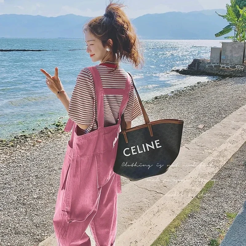 Pink Jumpsuit 2024 Spring Autumn Oversized Loose Overalls Personalized Green Casual Strap Trousers Women Large Crotch Pants