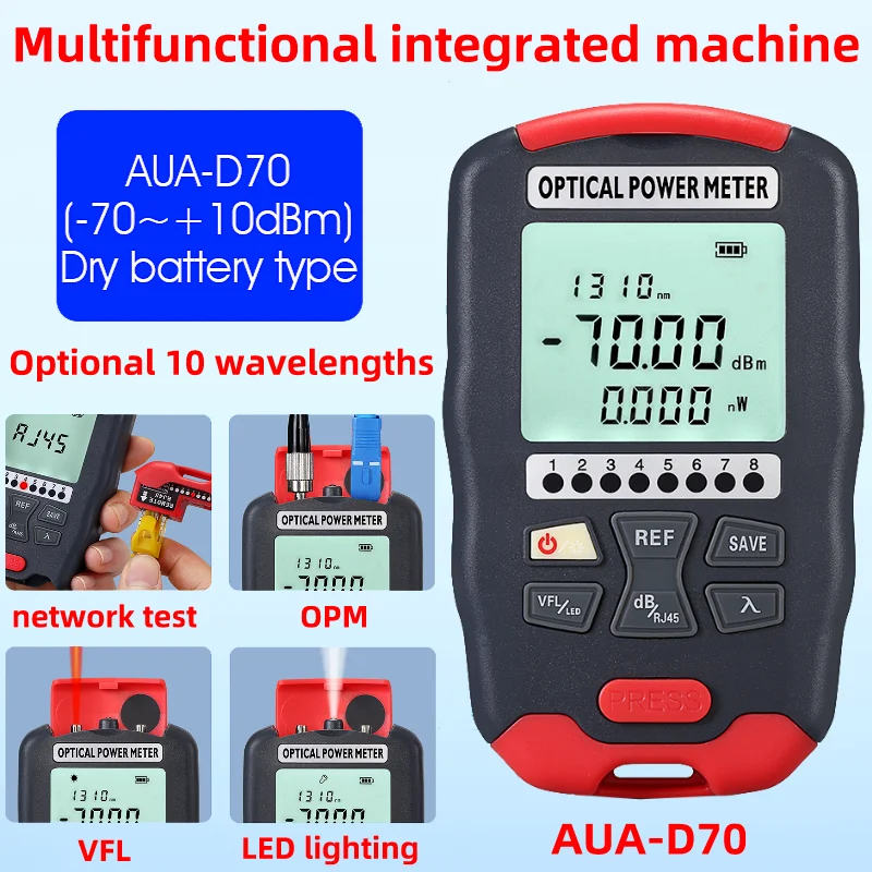 AUA-D70 Mini Optical Power Meter(-70~+10 OPM)&Visual Fault Locator(1-50mw VFL) Integrated Machine FTTH Fiber Optic Cable Tester