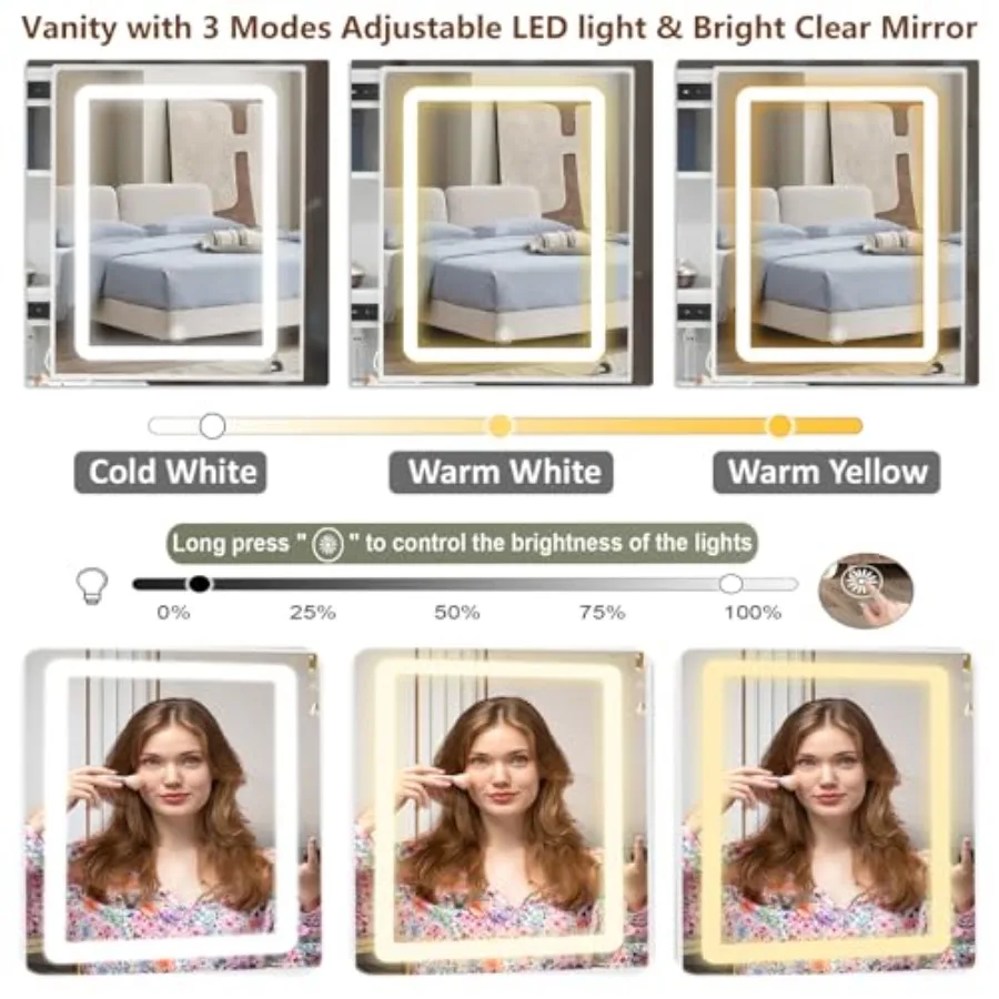 مكتب زينة ممتاز مع مرآة وأضواء LED، مكياج أبيض مع 6 أدراج، 6 أرفف، 1 كرسي LED، 3 أوضاع قابلة للتعديل