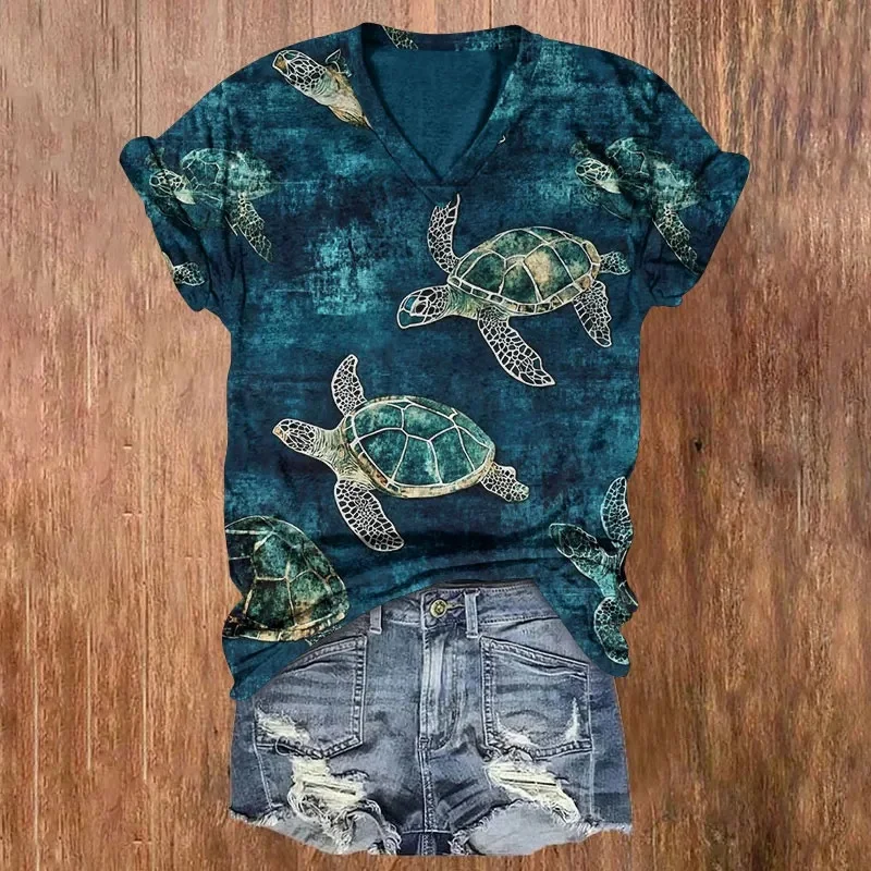 Women's V-neck T-shirt Ocean Deep-Water Sea Turtle Pattern Art Print Casual T Shirts Summer Tops